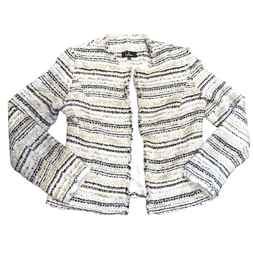 Lulus Womens Large Cream Gold Black Tweed Fringe Open Front Blazer Jacket wool
